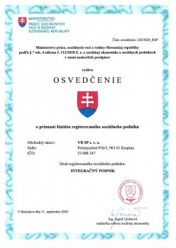 Osvedčenie o priznaní štatútu registrovaného sociálneho podniku